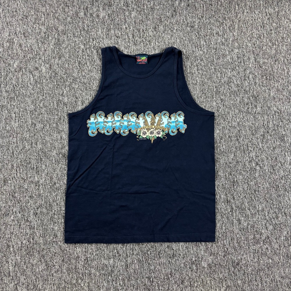 Vintage Y2K Surf Gecko Hawaii Waves Flowers Graphic Tank Top Black Large